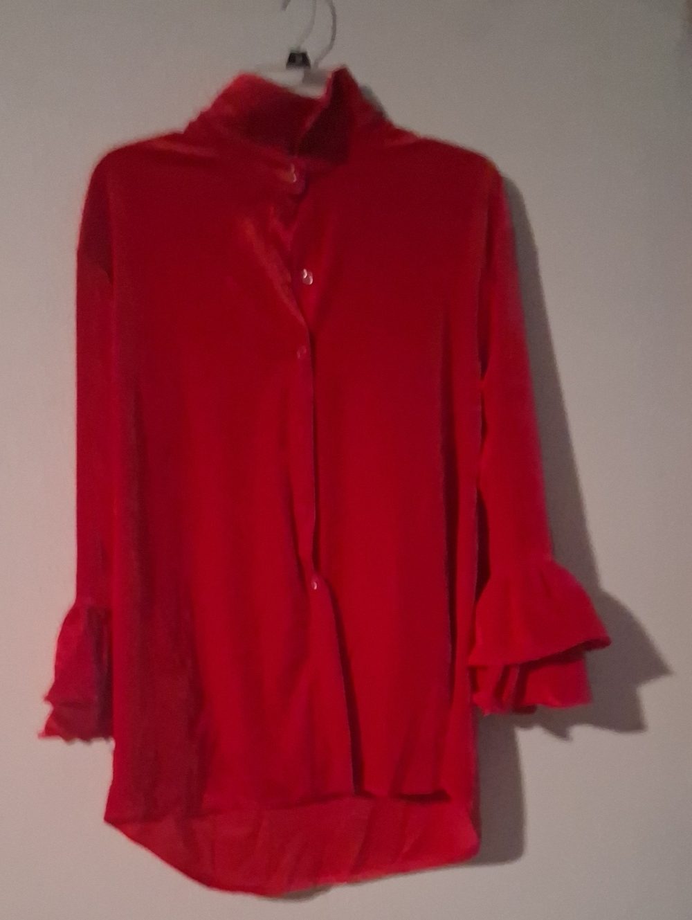 Red Velvet Ruffle Sleeve Button Front Blouse Size L - Picture 2 of 7